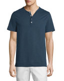 Striped Slub-Knit Short-Sleeve Henley T-Shirt, Midnight
