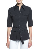 Elbow-Sleeve Belted Utility Shirt, Black