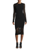 Long-Sleeve Netted Mesh Top, Black