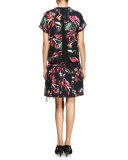 Tropical-Print Short-Sleeve Shirtdress, Navy/Red/Pink
