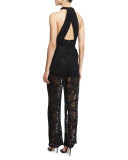 Halter-Neck Lace Jumpsuit W/Cutouts, Black