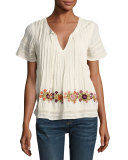 Carley Embroidered Short-Sleeve Peasant Top, Cream