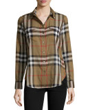 Short-Sleeve Cotton Check Shirt, Taupe Brown 