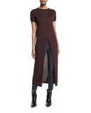 Short-Sleeve Turtleneck Front-Slit Tunic, Burgundy