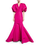 Puffed-Sleeve Silk Faille Trumpet Gown, Magenta