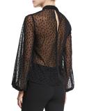 Velvet-Dot Tuck-Front Mesh Top, Black