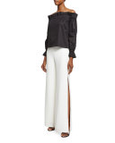 Brenda Wide-Leg Side-Slit Pants, White