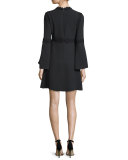 Bell-Sleeve Macrame-Inset Cocktail Dress, Black