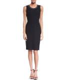 Crinkle Knit Scoop-Neck Sheath Dress, Caviar/Gold