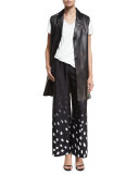 Button-Front Long Leather Vest, Black