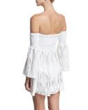 Floral Crochet Off-the-Shoulder Smocked Coverup Mini Dress, White