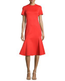 Short-Sleeve Fit-and-Flare Ponte Dress, Flame