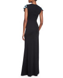 Short-Sleeve Wool Floral-Intarsia Statement Gown, Black
