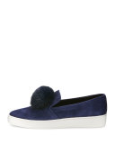 Eddy Mink Fur-Pompom Sneaker, Sapphire
