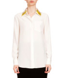 Paillette-Collar Button-Front Blouse, Natural White