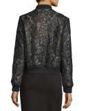 Floral Leather Lace Bomber Jacket, Black/Pink