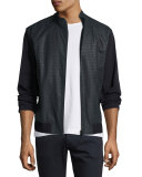 Croc-Embossed Perforated Leather Jacket, Navy Blue