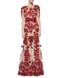Half-Sleeve Floral-Applique Gown, Red