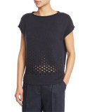 Short-Sleeve Metallic Eyelet Sweater, Ink Metallic