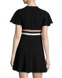 Short-Sleeve Striped Crepe Dress, Nero/Cipria/Panna
