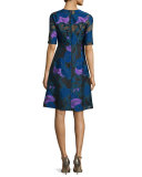 Holly Leaf Half-Sleeve Dress, Lapis/Multi