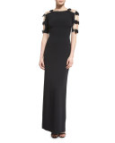 Bow-Sleeve Column Gown W/Cutouts, Black
