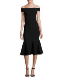 Off-the-Shoulder Mermaid Midi Dress, Black