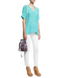 Mina Embroidered Linen Bucket Bag, Navy