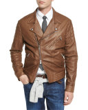 Leather Asymmetrical-Zip Moto Jacket, Chestnut