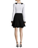 Lace-Trim Boat-Neck Wool Top, White/Black