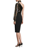 Victoria One-Sleeve Scarf Halter Dress, Black/Multi