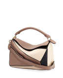 Puzzle Colorblock Leather Satchel Bag, Hazelnut/Black/Ivory