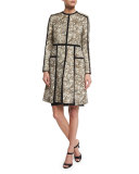 Long-Sleeve Floral-Print Topper Coat, Ivory/Gold