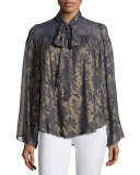 Lindsey Metallic Floral-Print Georgette Blouse, Grayish Blue