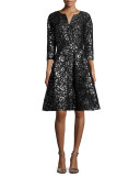 3/4-Sleeve Metallic-Print Cocktail Dress, Black