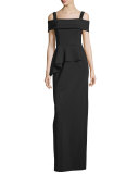 Cold-Shoulder Peplum Column Gown, Black