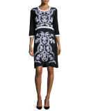 3/4-Sleeve Damask-Pattern Dress, Petite