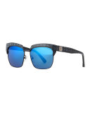 Printed Square Mirrored Sunglasses, Black/Blue