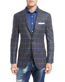 Windowpane Check Three-Button Sport Coat, Gray/Blue