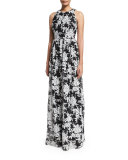 Sleeveless Crewneck Floral Chiffon Gown, Black/White