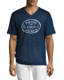 Linen V-Neck Logo T-Shirt, Blue