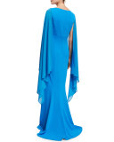 Classic Cady Cape-Sleeve Column Gown, Sky