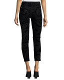 Velveteen Paisley Ankle Skinny Jeans, Black