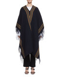 Striped Fringe Long Poncho, Blue/Multi