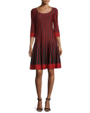 Dot Knit Scoop-Neck 3/4-Sleeve Dress, Caviar/Multi