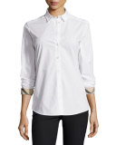 Long-Sleeve Check-Trim Poplin Blouse 