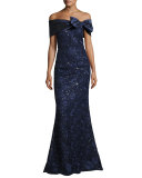 Off-the-Shoulder Embroidered Mermaid Gown, Navy