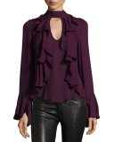 Sia Ruffle-Front Silk Blouse, Plum