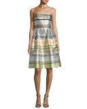 Striped Strapless Satin A-Line Dress, Sand/Multicolor