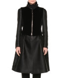 A-Line Bracelet-Sleeve Coat w/Velvet Vest, Black